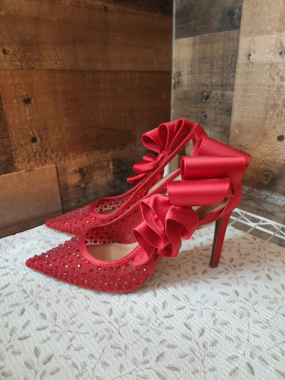 I.N.C Red Satin Pointed-Toe Heels with Bow Accents
